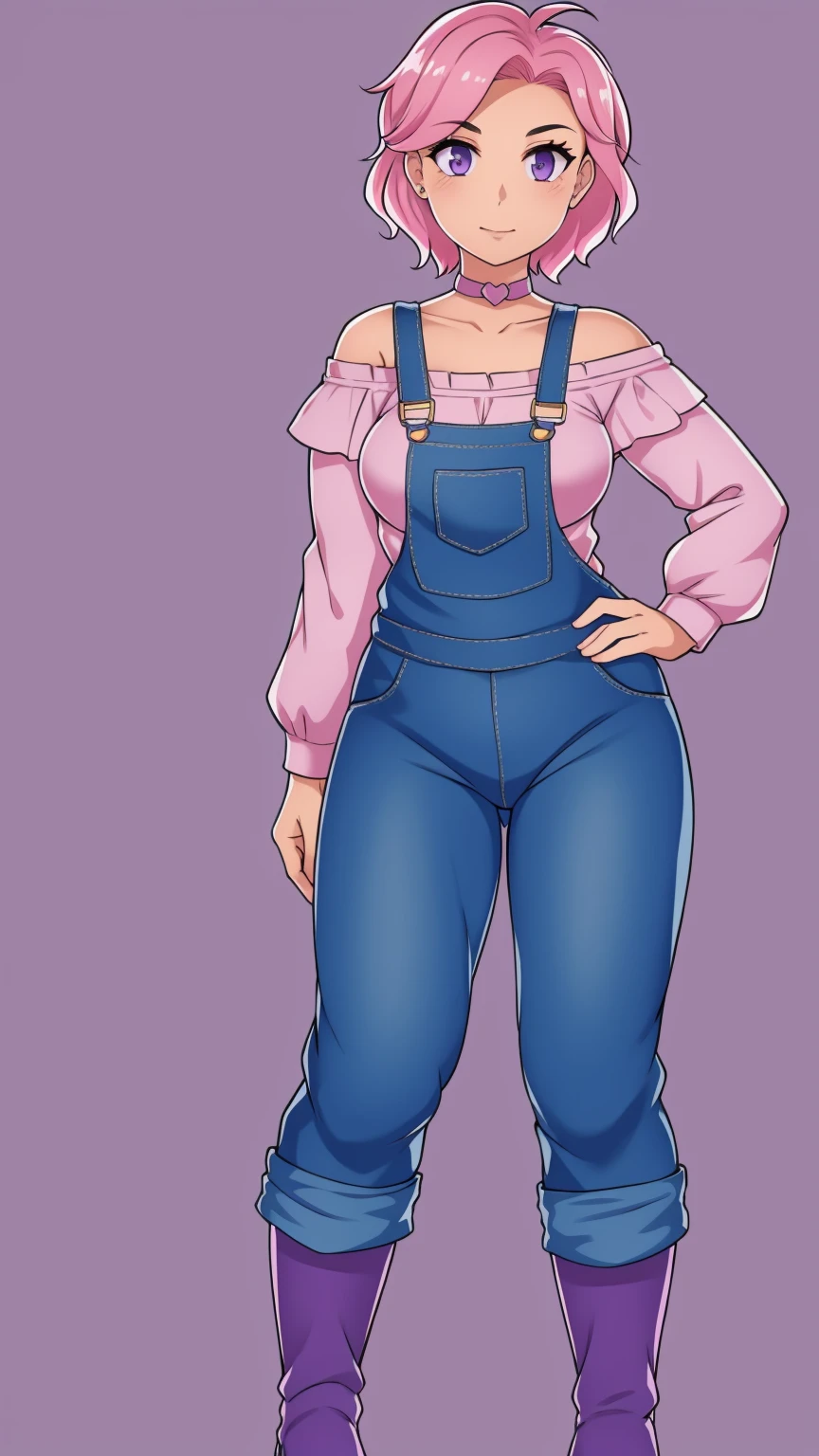 Full body, looking at viewer, 1girl, solo, short pink hair, (dark blue choker), (dark blue denim overalls), (purple eyes), (pink boots), (white shoulder lantern sleeve blouse, tucked in pants