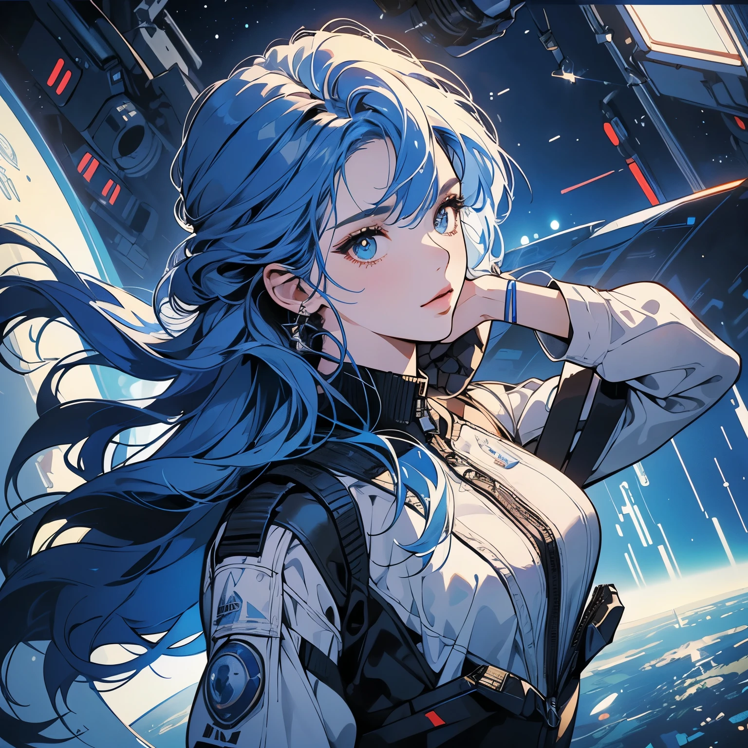 One beautiful woman, inside a spaceship, perfect machine, spacesuit, looking at camera, perfect face, zero gravity, outer space, lots of wires, switchboard, perfect and detailed machine, detailed hair, (((Various angles))), cockpit, upper body shot, most beautiful woman alive, head shot , Super detailed background, top quality, Unique and beautiful eyes, (((Various unique hairstyles))) Ghost in the Shell, Long shot, Panorama,(((Various hair color))), sparkling eyes,Outer space in the background, Unique and perfect face, Pale Lighting, shoot from above,blue hair, flat chest