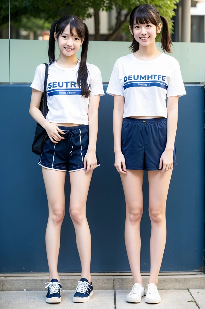2 girls standing in Japanese city,white plain t-shirt with blue trim,navy blue speedo swimming briefs,school bag,18-year-old,bangs,a little smile,large bare thighs,knees,legs apart,short hair with low pigtails,from before,front light