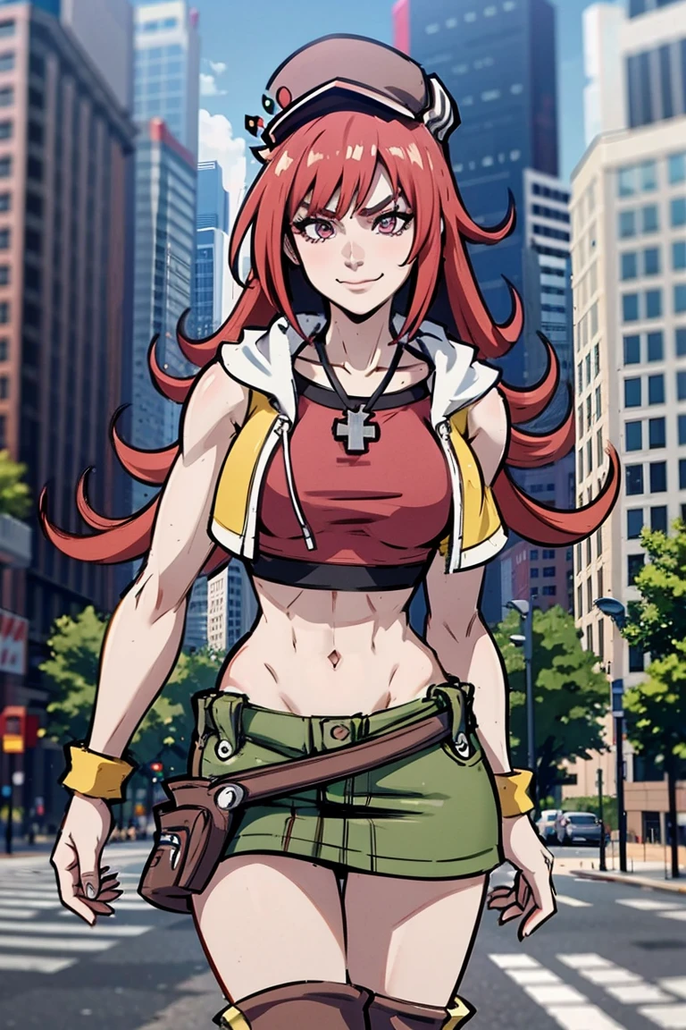 redhaired girl as a superheroine, straight redhaired, bangs, skirt,  super powerful, pink eyes, midriff, riding boots, white socks, toned arms, toned abs, tall and sexy, powerful, superb face, perfect body, tall, happy, smug, large chest, choker collar, 20yo, toned abs, evil smirk, 20yo