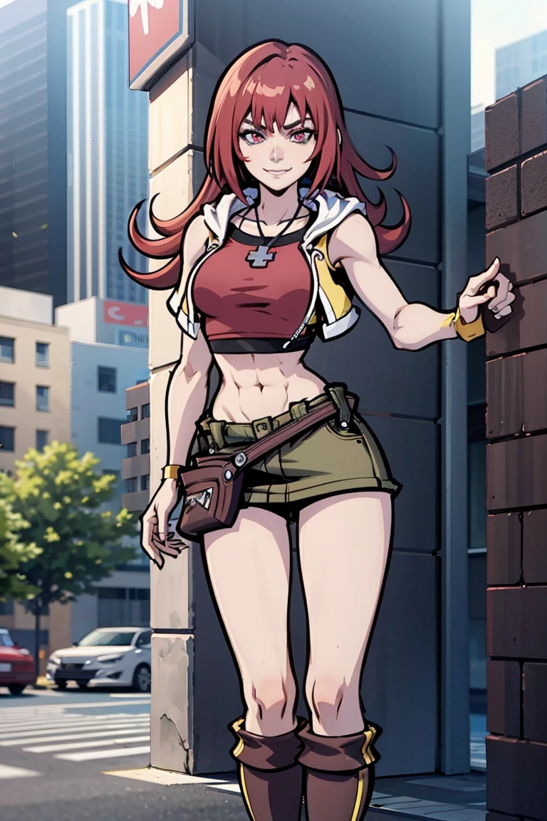 redhaired girl as a superheroine, straight redhaired, bangs, skirt,  super powerful, pink eyes, midriff, riding boots, white socks, toned arms, toned abs, tall and sexy, powerful, superb face, perfect body, tall, happy, smug, large chest, choker collar, 20yo, toned abs, evil smirk, 20yo