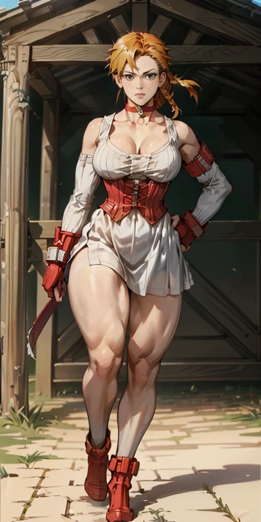 (1soloMILF BIMBO wide hips 2longlegs 2arms hands on hips (red gloves gauntlets like Cammy White from Street Fighter) full body standing straight symmetrical looking to the viewer, view from below) White short bob hair, pinched eyes (big-:1.5) thin legs, thin body, leather collar choker neck bell shackles wristbands bracers bracelets sleeves and stockings, victorian maid outfit, black dress with delicate lace and whitish apron under leather corset