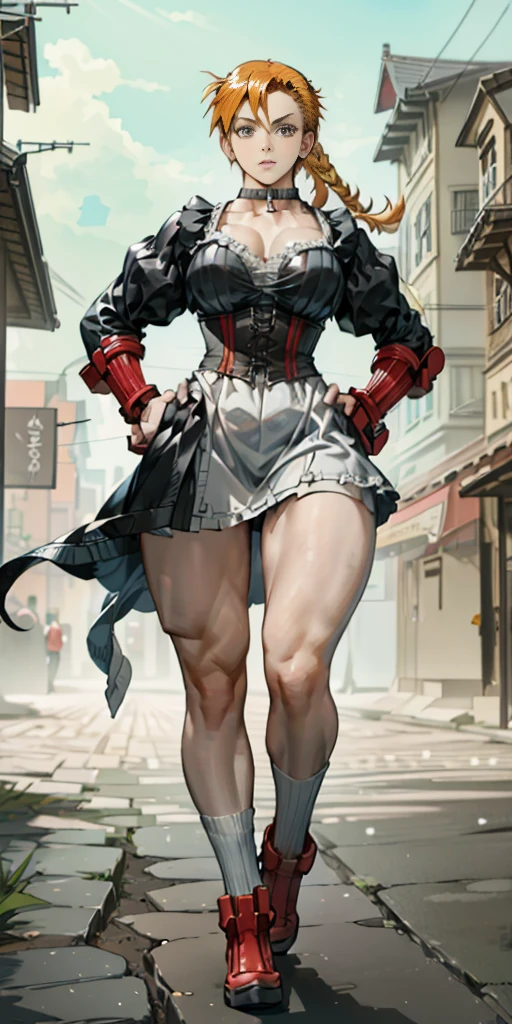 (1soloMILF BIMBO wide hips 2longlegs 2arms hands on hips (red gloves gauntlets like Cammy White from Street Fighter) full body standing straight symmetrical looking to the viewer, view from below) White short bob hair, pinched eyes (big-:1.5) thin legs, thin body, leather collar choker neck bell shackles wristbands bracers bracelets sleeves and stockings, victorian maid outfit, black dress with delicate lace and whitish apron under leather corset