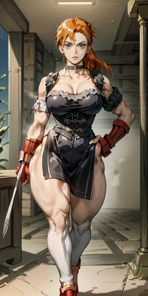 (1soloMILF BIMBO wide hips 2longlegs 2arms hands on hips (red gloves gauntlets like Cammy White from Street Fighter) full body standing straight symmetrical looking to the viewer, view from below) White short bob hair, pinched eyes (big-:1.5) thin legs, thin body, leather collar choker neck bell shackles wristbands bracers bracelets sleeves and stockings, victorian maid outfit, black dress with delicate lace and whitish apron under leather corset