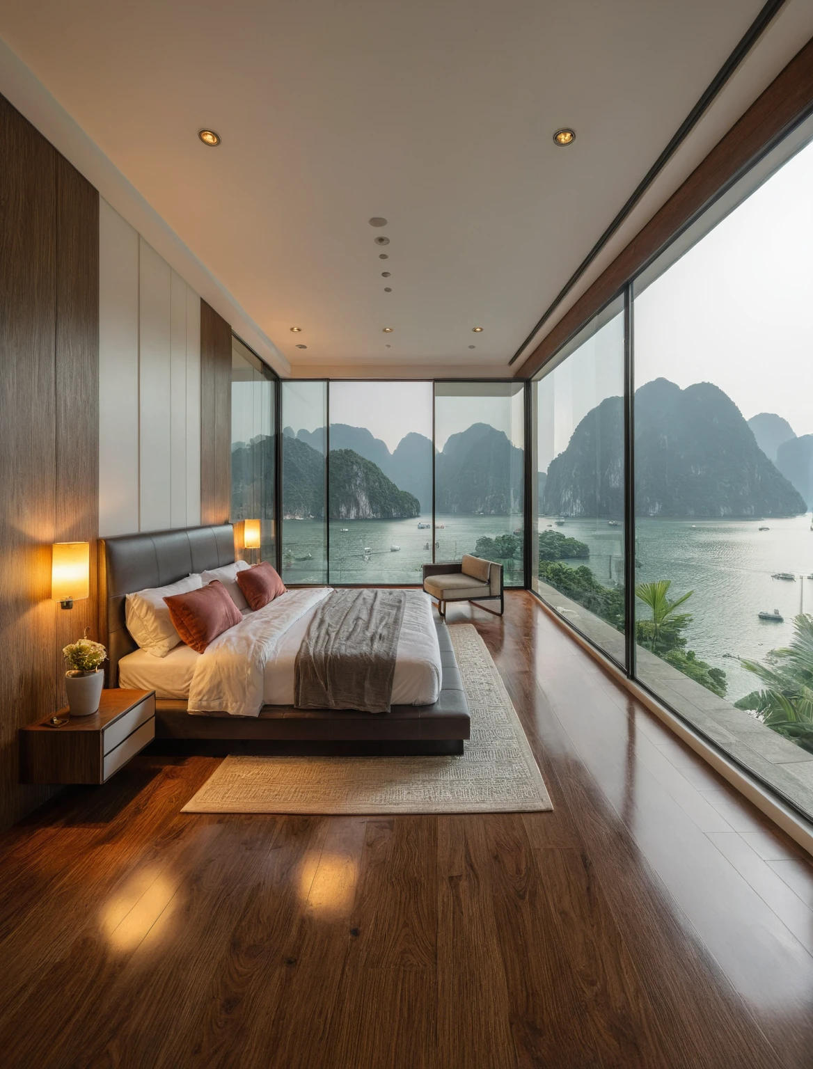 Raw photo,Masterpiece, high quality, best quality, authentic, super detail, interior, indoors, ((bedroom style modern luxury)), view sea halong bay , sunset, day light, bed, lamp, carpet, bedside cabinets, flower vase, wooden floor ,glass windows, downlight, armchair and tea table, air conditioner cover