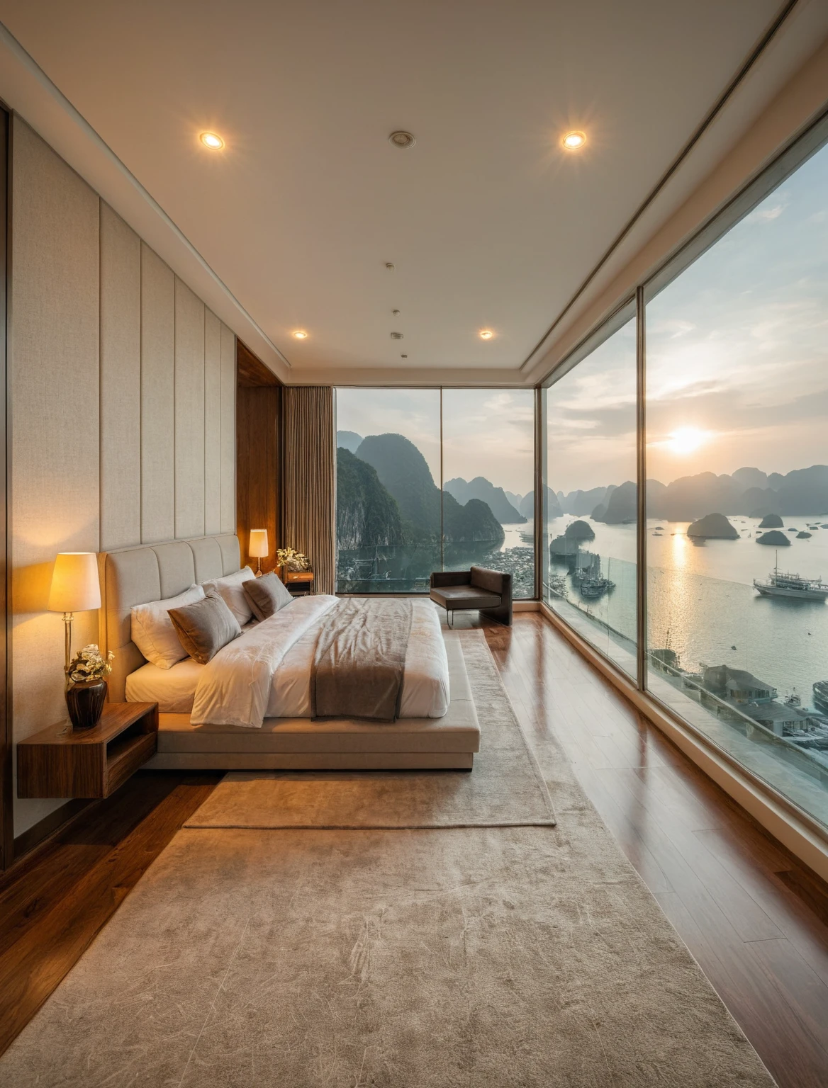 Raw photo,Masterpiece, high quality, best quality, authentic, super detail, interior, indoors, ((bedroom style modern luxury)), view sea halong bay , sunset, day light, bed, lamp, carpet, bedside cabinets, flower vase, wooden floor ,glass windows, downlight, armchair and tea table, air conditioner cover