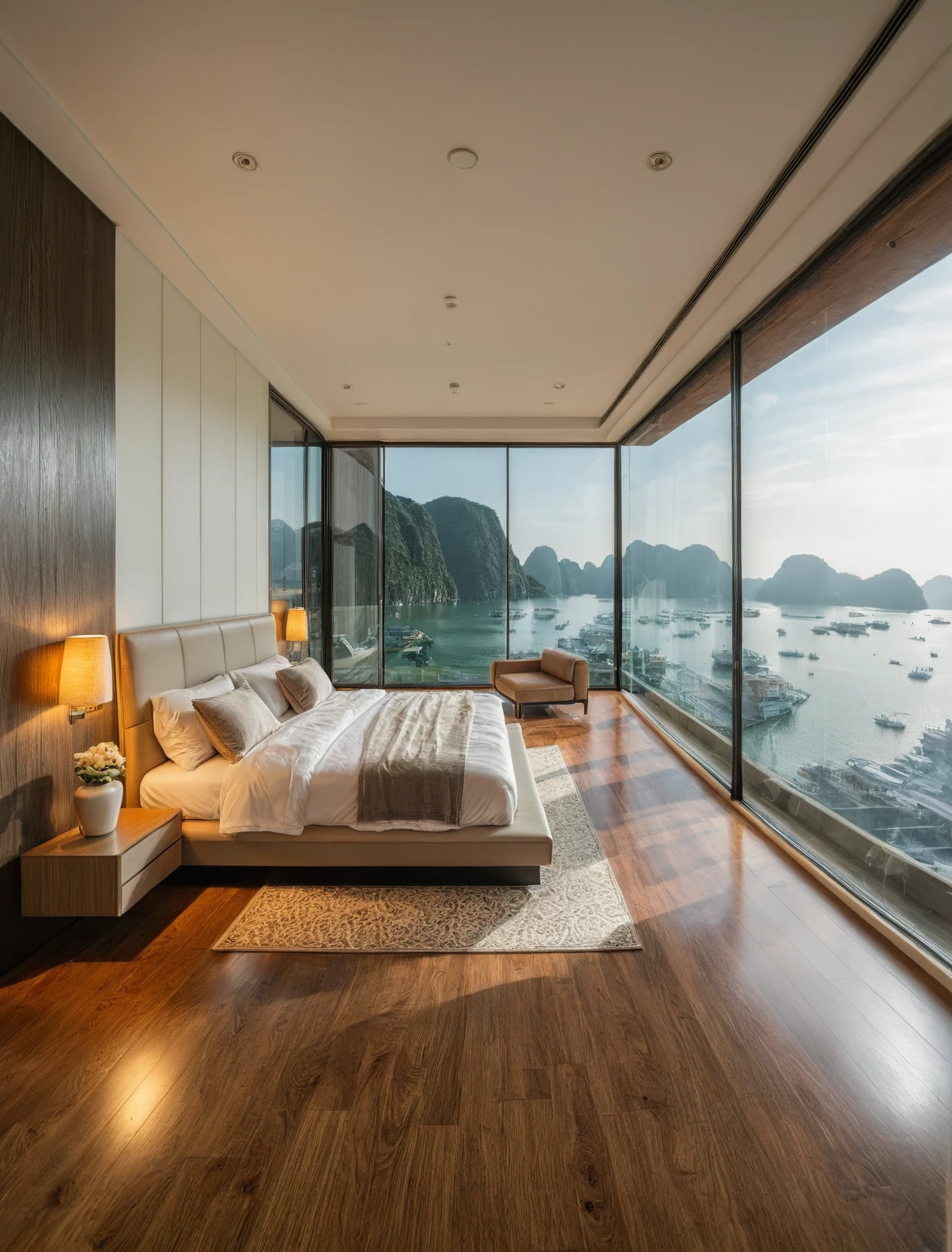 Raw photo,Masterpiece, high quality, best quality, authentic, super detail, interior, indoors, ((bedroom style modern luxury)), view sea halong bay , sunset, day light, bed, lamp, carpet, bedside cabinets, flower vase, wooden floor ,glass windows, downlight, armchair and tea table, air conditioner cover