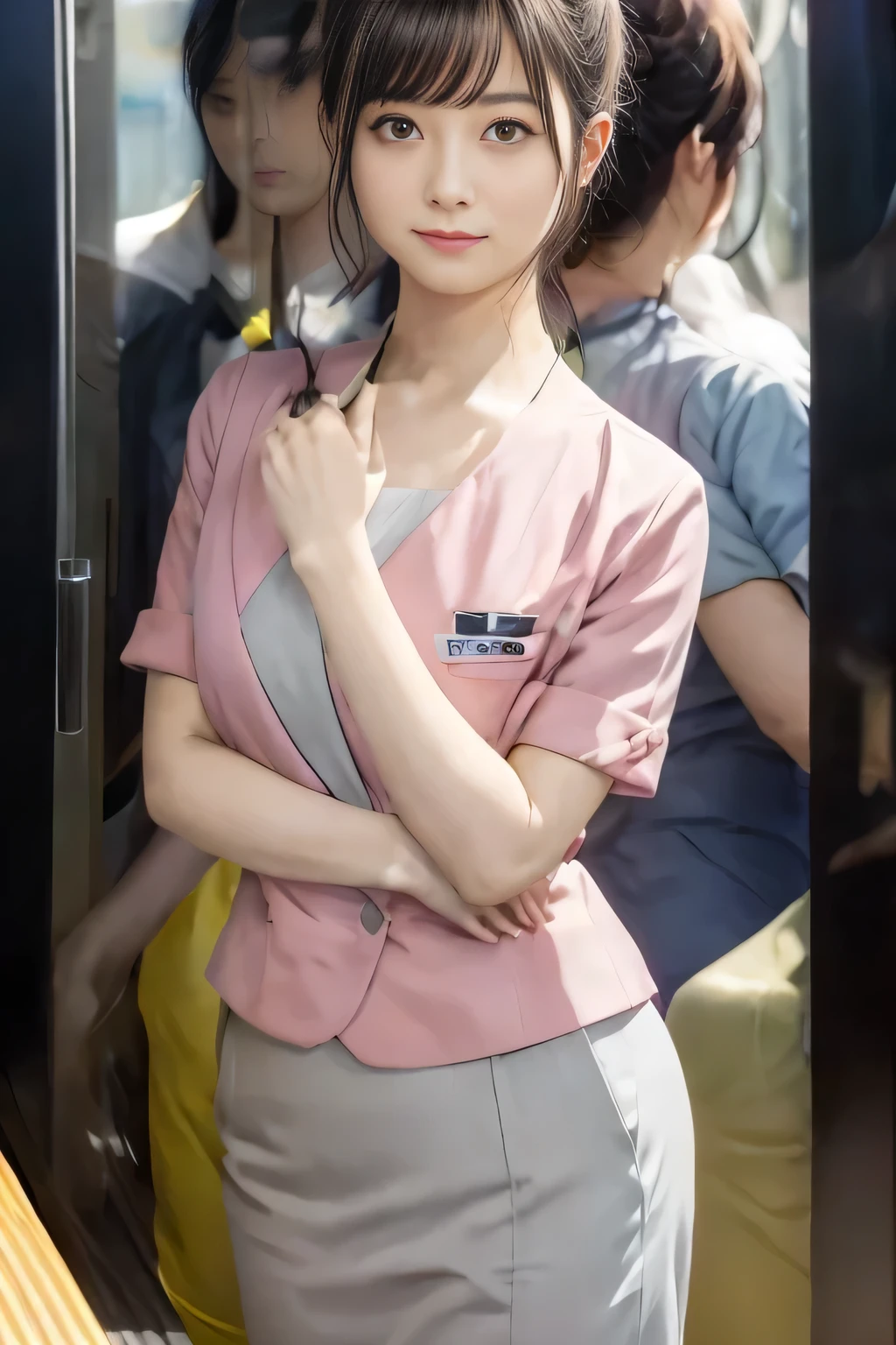 (masterpiece:1.2, Highest quality:1.2), 32K HDR, High resolution, (alone、1 girl)、 (Height: 160cm)、(On the rooftop of a building in the daytime、Professional Lighting)、Building rooftop background、(Nankai train crew uniform pinkを着たリアルスタイル)、(Nankai train crew uniform pink short sleeve collarless pink jacket、Nankai Train Crew Uniform Pink Collarless Short Sleeve Blouse、Nankai Train Crew Uniform Pink Grey Knee-length Culottes)、Dark brown hair、(Hair tied up、Hair tied up、Evening curly hairstyle)、Dark brown hair、Long Shot、Big Breasts、Thin legs、((Great hands:2.0)),((Harmonious body proportions:1.5)),((Normal limbs:2.0)),((Normal finger:2.0)),((Delicate eyes:2.0)),((Normal eyes:2.0)))、smile、(Nankai Train Crew Uniform Pink Grey Knee-length Culottesを見せた美しい歩く姿)、Place your hands around your stomach、Lanyard employee ID card