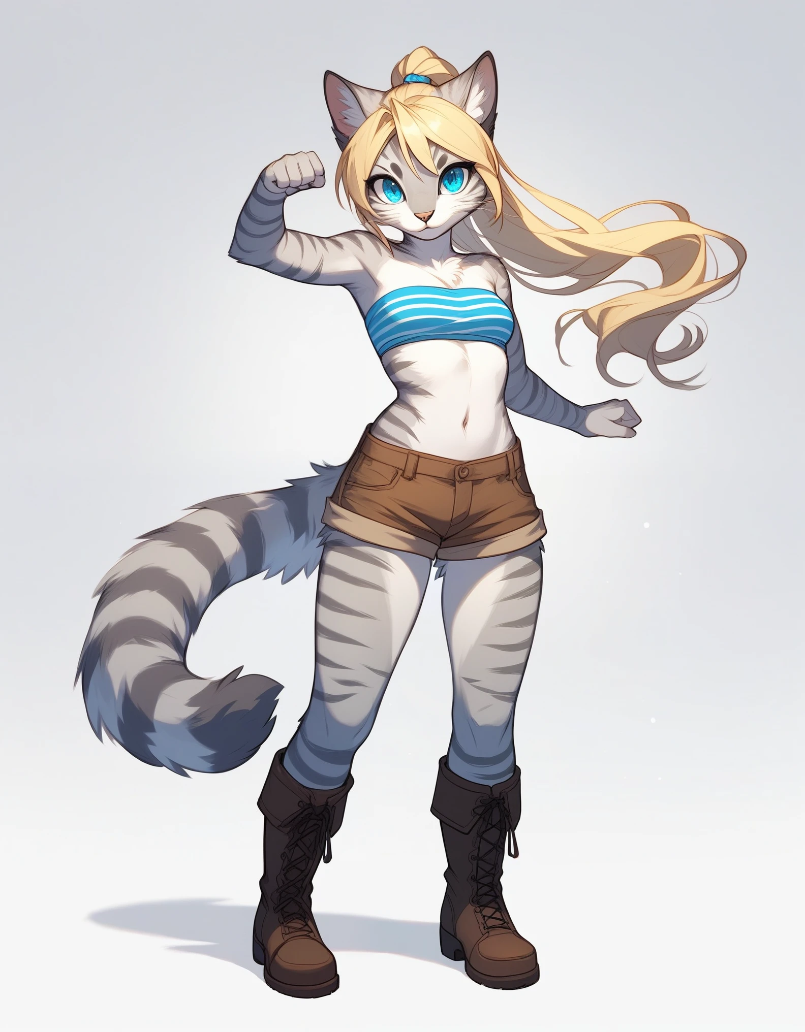Solo, score_9, score_8_up, score_7_up Anthro furry feline, Kat, silver furry body, grey striped body, blonde hair, hair in ponytail, blue eyes, long blonde hair, standing, basic standing pose, white background, wearing blue bandeau, brown short shorts, brown boots, full body shot, front view