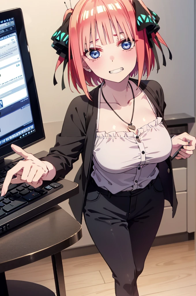 I was silent, Nakano Nino, Short Hair, bangs, blue eyes, hair ornaments, Hair Ribbon, Pink Hair, blunt bangs, Both sides up, Big Breasts,butterfly hair ornaments,Grin,White Y-shirt,Short sleeve,Heart Necklace,slacks,Stiletto heels,Walking,There is a computer on the table,whole bodyがイラストに入るように,Daytime,Clear skies,
break indoors, office,
break looking at viewer,whole body,
break (masterpiece:1.2), Highest quality, High resolution, unity 8k wallpaper, (figure:0.8), (Beautiful attention to detail:1.6), Highly detailed face, Perfect lighting, Highly detailed CG, (Perfect hands, Perfect Anatomy),