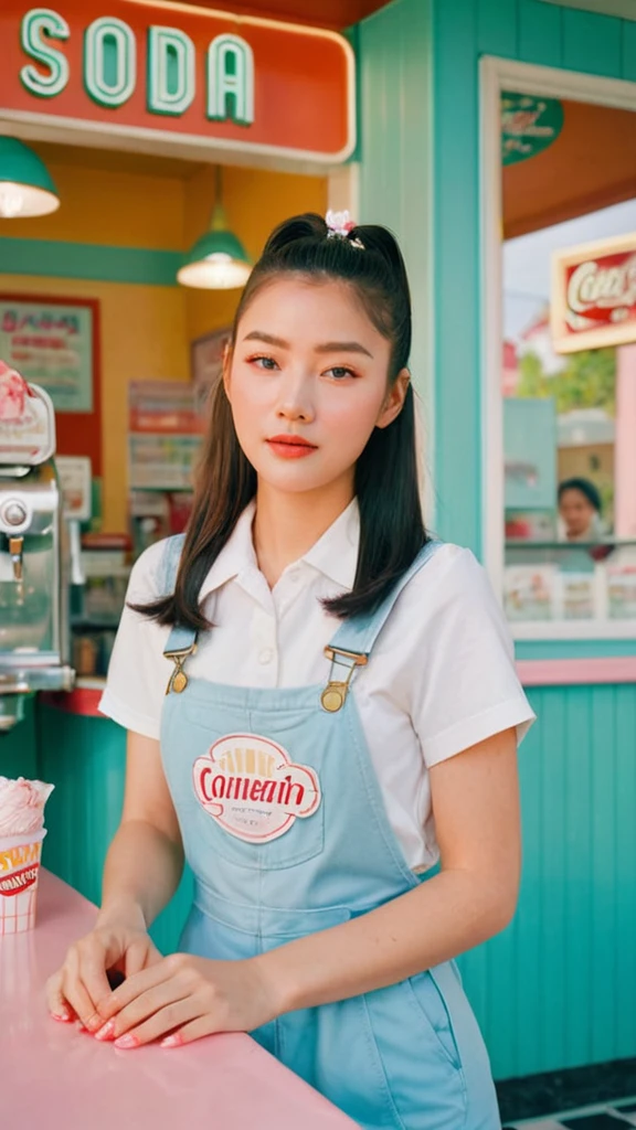 Portrait MagMix Girl look at camera, long hair, Overalls, Retro ice cream parlor with pastel-colored walls, a classic soda fountain counter, and vintage ice cream posters, bathed in bright sunlight, analog film photo, Kodachrome, pale skin, Korean girl