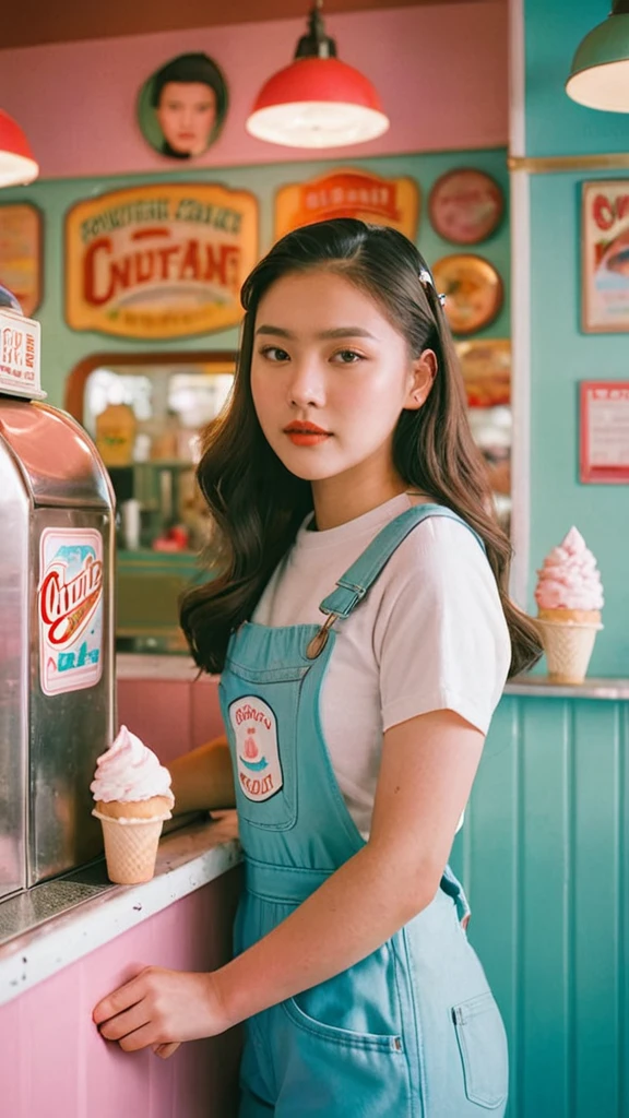 Portrait MagMix Girl look at camera, long hair, Overalls, Retro ice cream parlor with pastel-colored walls, a classic soda fountain counter, and vintage ice cream posters, bathed in bright sunlight, analog film photo, Kodachrome, pale skin, Korean girl