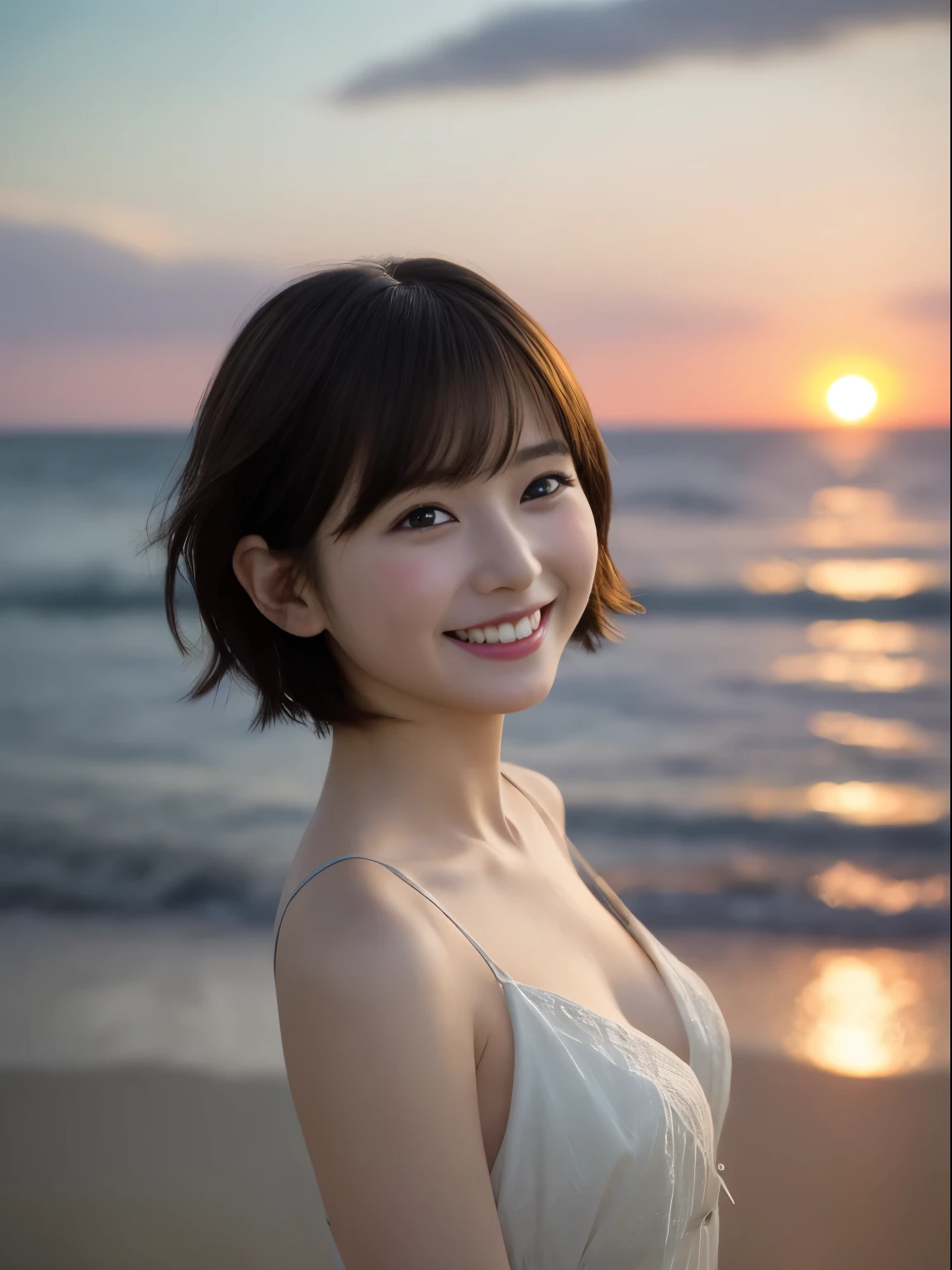 Only one girl、((perfect bodies)))、(masterpiece)、((top-quality))、(ultra-detailliert)、((extremely delicate and beautiful))、(((Very shallow depth of field)))、nffsw,(((incredibly absurdness)))、((perfect bodies)))、(((A dark-haired)))、(((short cut hair)))、(Okabo hair)、(((Looking at the camera)))、(((small tits)))、(((The best smile that makes you happy)))、Camisole dresare+Background with、dynamic ungle、female focus on、{Particles of light}、Meticulous background with、((paul hedley)))、Soft lighting、(Dramatic sunset)、Evening glow、Very beautiful sunset、Live action、realisitic、Angle from above、cute smile face、(the background is blurred)、28year old、being thin、((the wind))、(((movement)))、(((emotional)))、((colourfull))、((a baby face))、((Beautiful teeth)) 、f lare、sea the background of