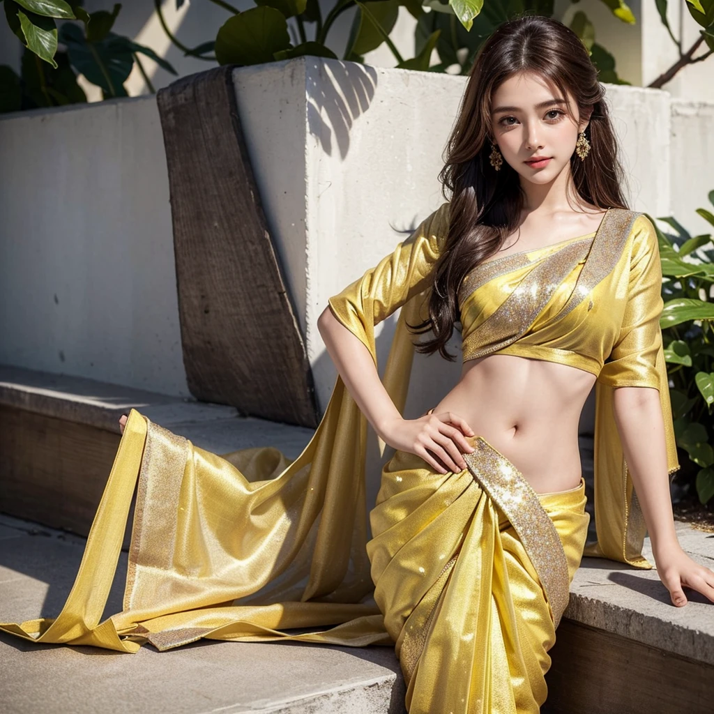 (Masterpiece:1.4), CG Unity 8k walpaper, ((Realistic: 1.2)), Ray Tracing, 64k,a girl 25 years, ((Luxury glitter yellow wearing an elegant saree: 1.2)), curly long red hair,deep black eyes, big breast, shiny red lips,white skin,lotus flower in her hair, palms decorated with henna,in a blooming garden,bright colorful flowers,green grass,blue sky,sunshine falling on her,peaceful and serene expression,subtle smile on her face,fingers delicately touching flower petals,body language full of grace and elegance, scenic beauty,painting as medium,detailed and vivid,high-resolution image,photorealistic rendering,vibrant colors,soft lighting, [(4 different Poses),(pose 1: Grab hair with both hands, tighten tummy to lift hips,stand side ways),(pose 2: strech your arm,hand on hip, tighten tummy and lift hip),(pose 3: tilt head to smile,put arm behind back,place arm side by leg),(pose 4: title your head to smile,put your hands naturally by your side,stand side ways)], (Detailed poses), (Detailed Dress), (detailed background) , Beautiful human real fingers, beautiful human real hands, Real human natural skin, 