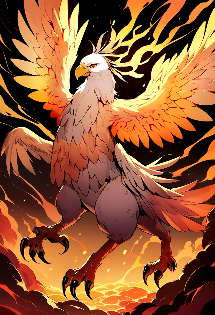 a lion  that like salamander and eagle , wings , 4 legs , ears , hair , yellow tourqoise pink aura , yellow red eyes , orange scale , beak , not a human 