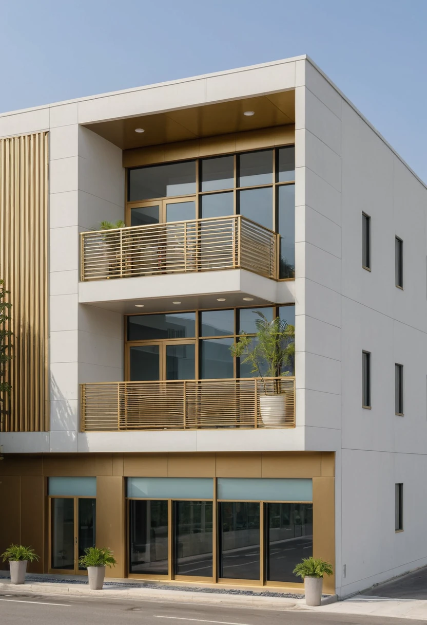 Raw photo,Masterpiece, high quality, best quality, authentic, super detail, modern style, aiaigroup,office building, decorative bars, decorative louvers, sun louvers, aluminum wall cladding, gold aluminum, outdoors, tree, building, scenery, city, road, real world location, treet, window, balcony, railing, minimalist line, daylight, realistic