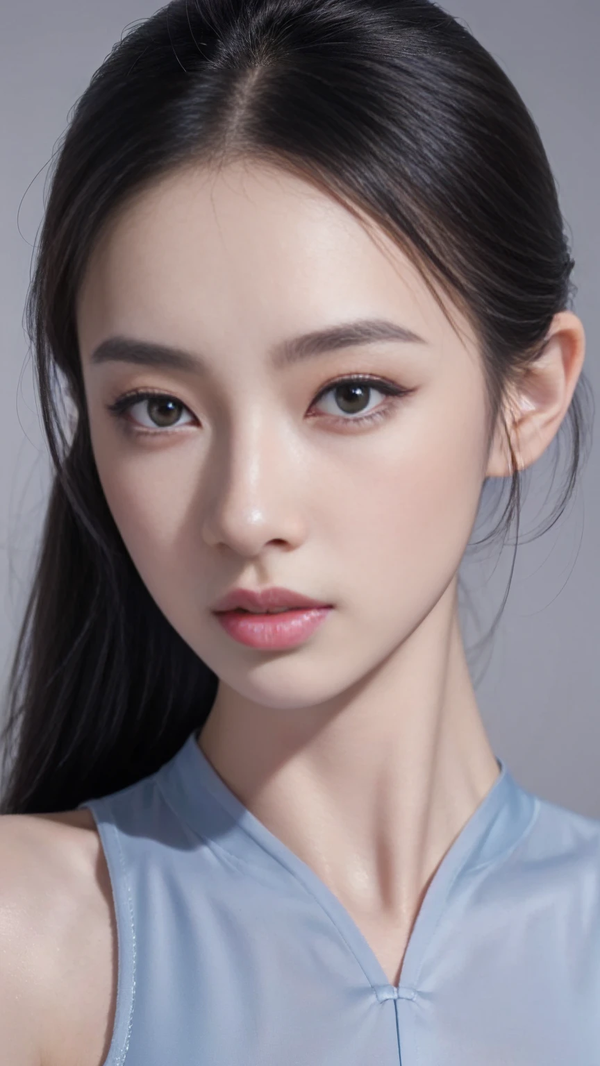 Fashion model 18 years old [[[[Close-up face]]]], [[[[]]]], [[[[rape]]]], [[[[Shoulder]]]], Close-up of face，Perfect eyes, Perfect Iris，Perfect lips，Perfect Teeth，Perfect skin，Fair skin，Pulling a long face，Long and thin nose，girl，((Chinese ballet dancer))，Staring at the camera，((A delicate face：1.4))，Sexy highlighted，（((Close-up of face: 1. 4))），Gray background，4k ultra high definition, Ultra-high resolution, (lifelike: 1.4), best quality，masterpiece，（Soft colors：1.2）