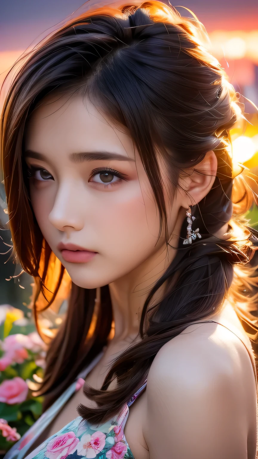masterpiece, (最high quality), ((Most detailed)), Depth of written boundary, Beautiful girl, Beautiful Face, nature, Spirit, flower, Colorful sunset landscape, Flowers, butterfly, Glowing Dress, element, Random hairstyle,masterpiece, 最high quality, high quality, High resolution, Big Tits, ((Upper body portrait)), Random pose、Upper body portrait