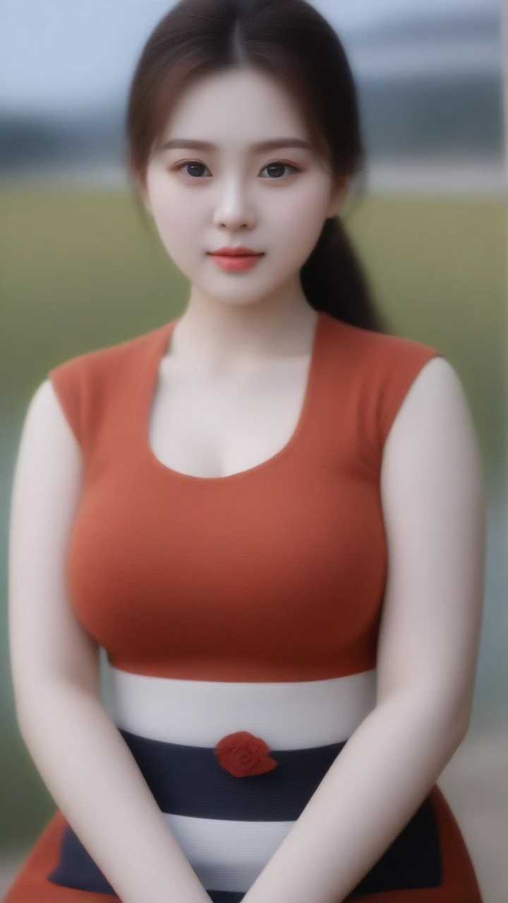 Close-up shot of beautiful korean female, 34 inch breasts size, hime cut, making puffy cheeks, brown sweater, sitting under the tree, riverside view, selfie , sunset light, UHD