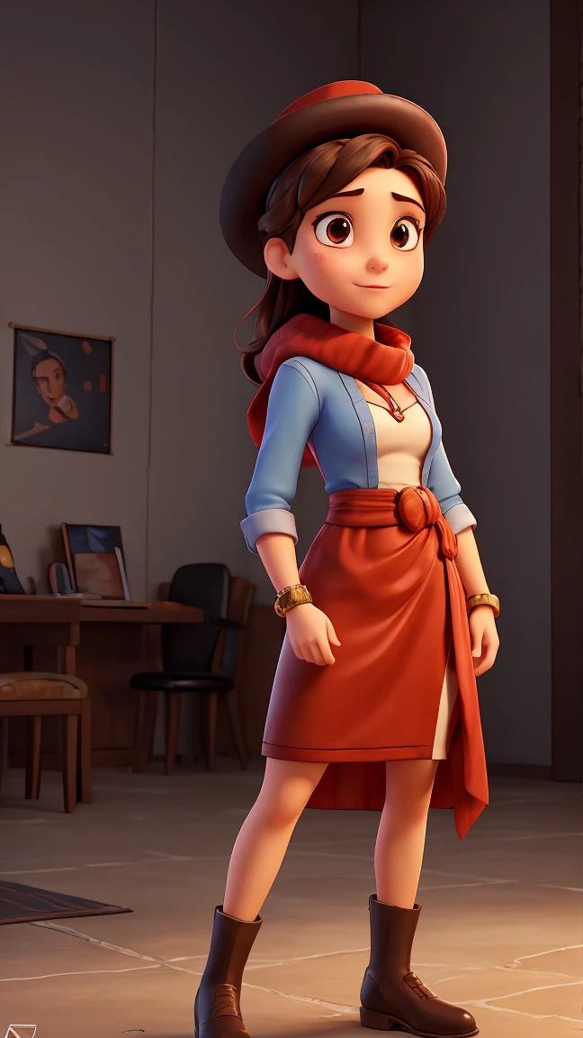 play a woman of approximately 20 years old, businesswoman, strong and resilient, with striking characteristics. his face has high cheekbones and a confident expression. His eyes are clear and expressive, with long, dark hair, wearing a leather hat adorned with metal spikes, a symbol of cangaço bandits, with a red scarf wrapped around his neck and a formal dress. Celluloid style, flat wrap, high definition, 3D, comics, illustration, vaporwave style, rim light, light, super detailed,