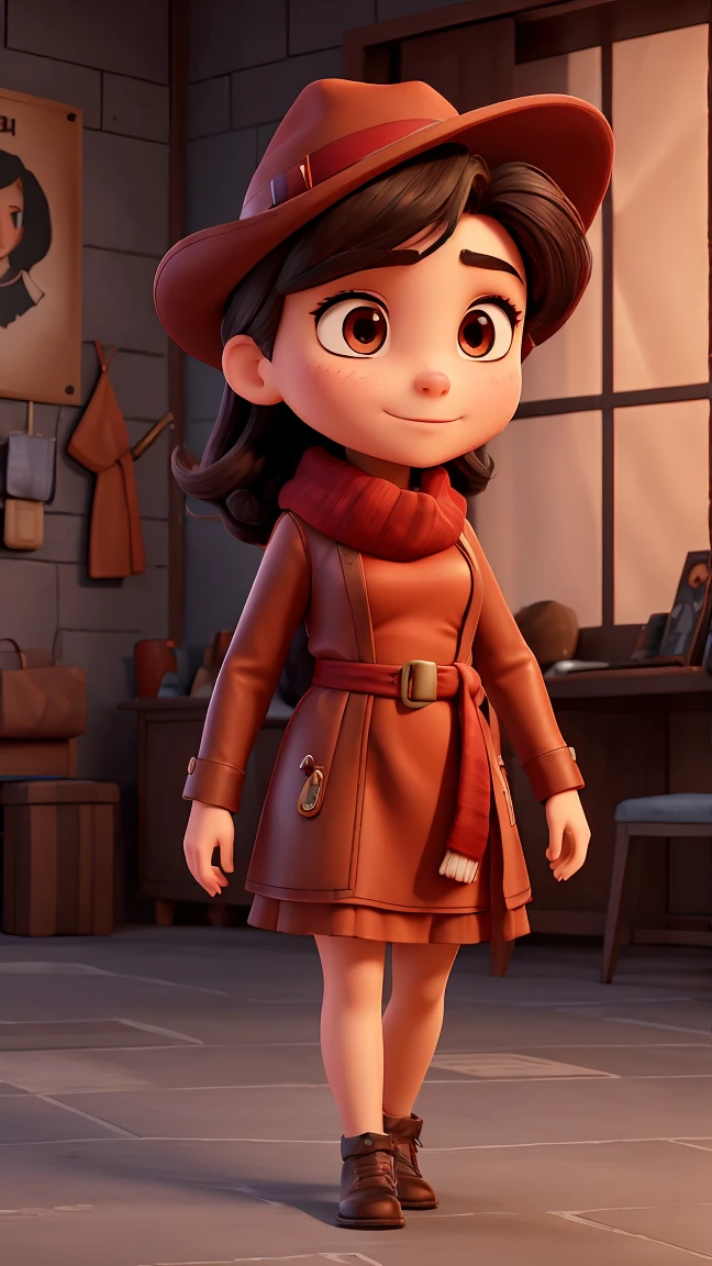 play a woman of approximately 20 years old, businesswoman, strong and resilient, with striking characteristics. his face has high cheekbones and a confident expression. His eyes are clear and expressive, with long, dark hair, wearing a leather hat adorned with metal spikes, a symbol of cangaço bandits, with a red scarf wrapped around his neck and a formal dress. Celluloid style, flat wrap, high definition, 3D, comics, illustration, vaporwave style, rim light, light, super detailed,