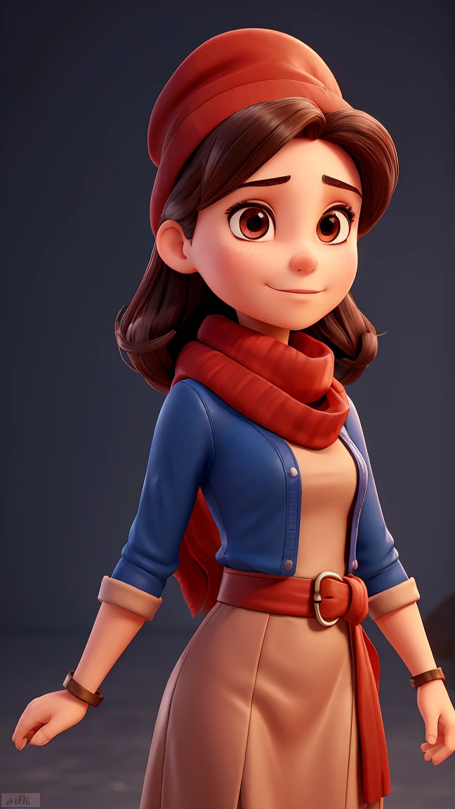 play a woman of approximately 20 years old, businesswoman, strong and resilient, with striking characteristics. his face has high cheekbones and a confident expression. His eyes are clear and expressive, with long, dark hair, wearing a leather hat adorned with metal spikes, a symbol of cangaço bandits, with a red scarf wrapped around his neck and a formal dress. Celluloid style, flat wrap, high definition, 3D, comics, illustration, vaporwave style, rim light, light, super detailed,