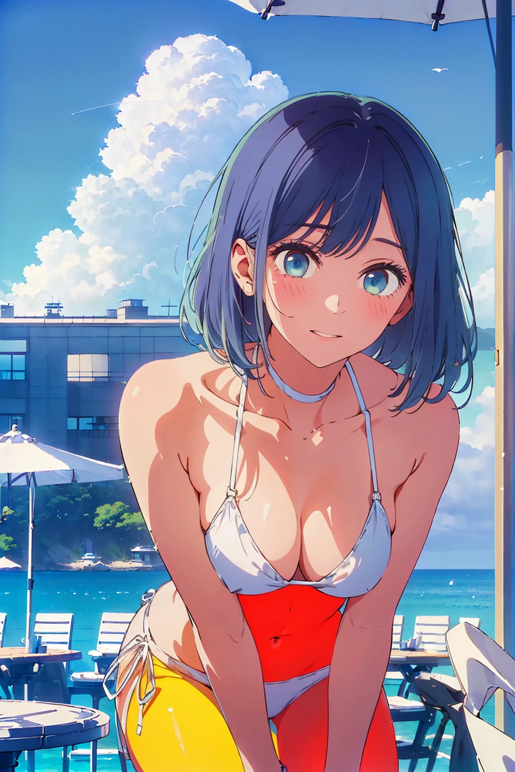 Highest quality,8k,detailed,F cup bust、Big Breasts、Slim and beautiful arms、Slim body、Very white beautiful skin、((((1 person、smile、Swimwear、smile、sit、Chair、In the background are the urban buildings of Tokyo、Outdoor café terrace、coastal、Navy hair color、juice、table、Cheek resting on hand、She is wearing a white side-string high-leg bikini、Looking up、Shooting up close、Very beautiful face、Very cute face))))、Sexy pose、Very blue sky、A completely cloudless sky、She tilted her head slightly、The atmosphere is bright and lively、The woman is at the center of the image。