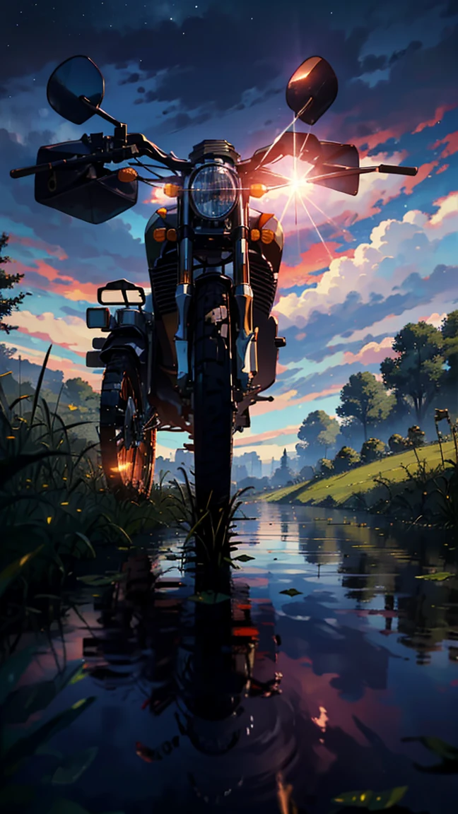 Horror, bloody Clouds, Runway: 1.2, Tree, two biker, Shooting Star, Small Waterhole, Reflection, Shady, Sunlight, Wide Angle, Best Quality, 8K, Perspective, Depth of Field, High Resolution, Fine Detail, Ultra Detail, Sharp Focus