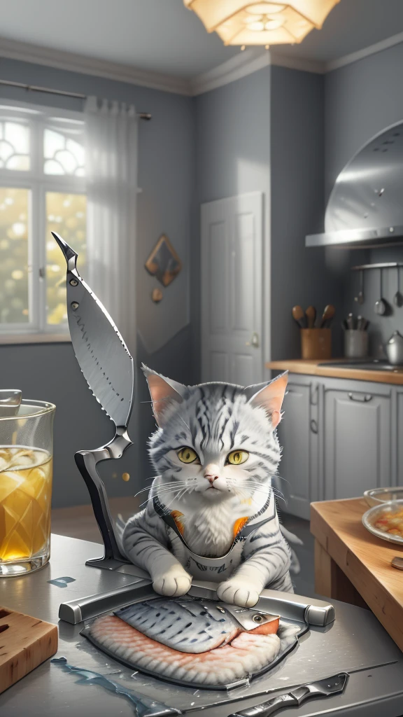 close-up photography of (grey tabby cat:1.2) (cuts the fish with a knife on the table:1.2), (c4ttitude:1.3), in glasstech kitchen, hyper realistic, intricate detail, (foggy:1.1), pov from below
