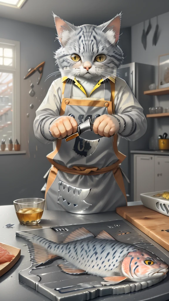 close-up photography of (grey tabby cat:1.2) (cuts the fish with a knife on the table:1.2), (c4ttitude:1.3), in glasstech kitchen, hyper realistic, intricate detail, (foggy:1.1), pov from below
