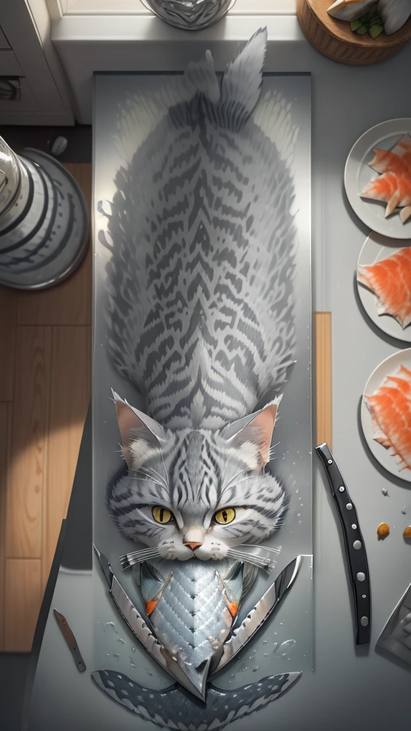 close-up photography of (grey tabby cat:1.2) (cuts the fish with a knife on the table:1.2), (c4ttitude:1.3), in glasstech kitchen, hyper realistic, intricate detail, (foggy:1.1), pov from below