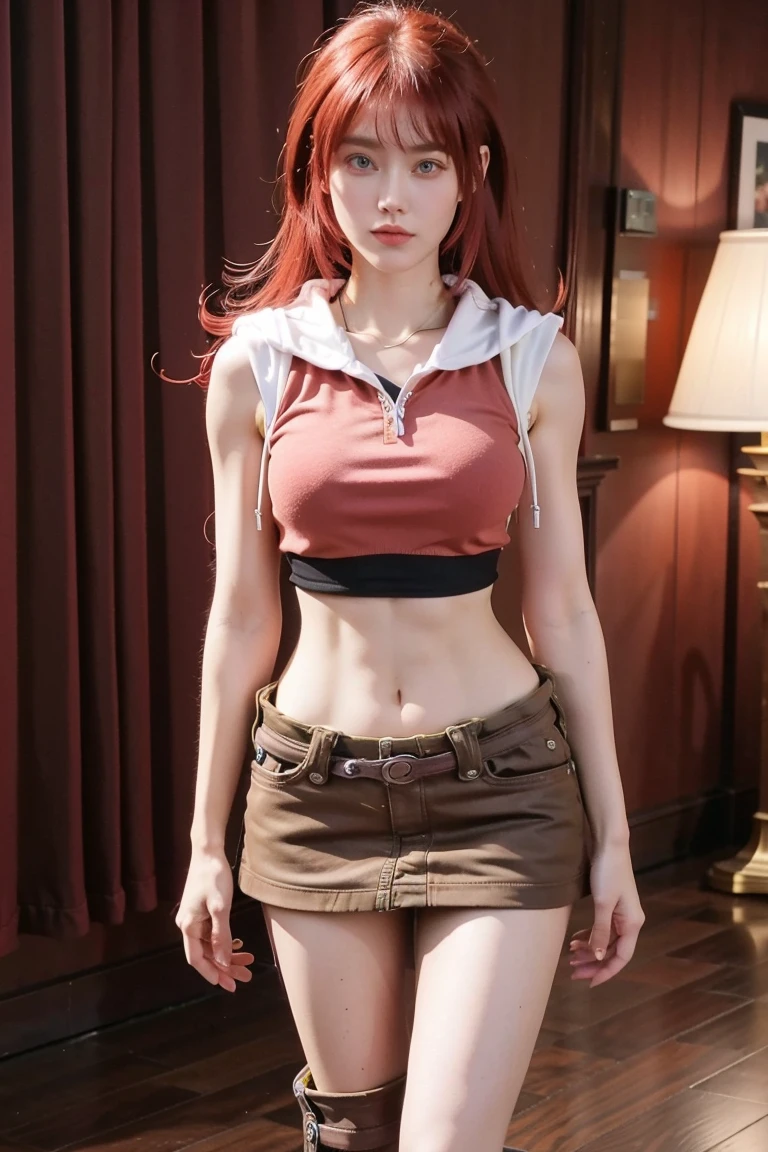 redhaired girl as a superheroine, straight redhaired, bangs, skirt,  super powerful, pink eyes, midriff, riding boots, white socks, toned arms, toned abs, tall and sexy, powerful, superb face, perfect body, tall, happy, smug, large chest, choker collar, 20yo, toned abs, evil smirk, 20yo