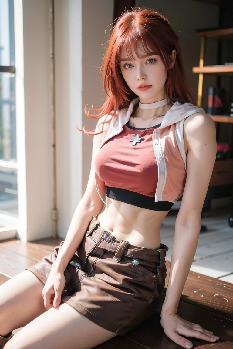 redhaired girl as a superheroine, straight redhaired, bangs, skirt,  super powerful, pink eyes, midriff, riding boots, white socks, toned arms, toned abs, tall and sexy, powerful, superb face, perfect body, tall, happy, smug, large chest, choker collar, 20yo, toned abs, evil smirk, 20yo