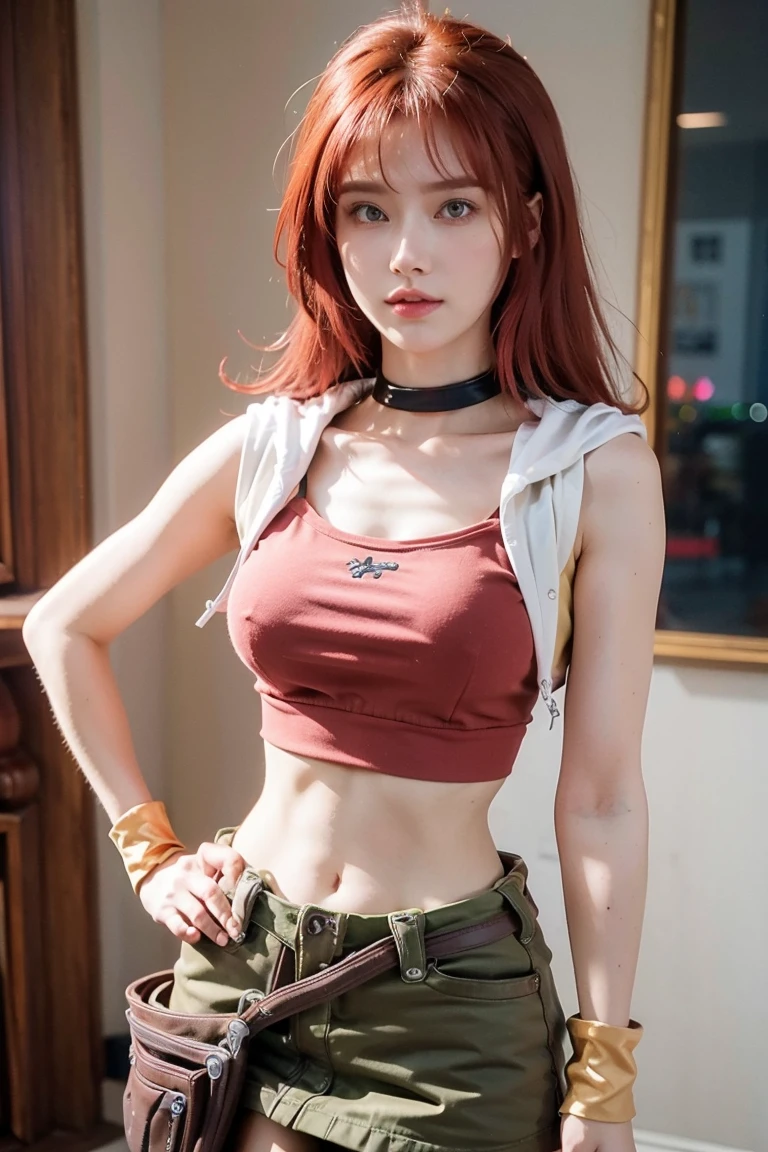 redhaired girl as a superheroine, straight redhaired, bangs, skirt,  super powerful, pink eyes, midriff, riding boots, white socks, toned arms, toned abs, tall and sexy, powerful, superb face, perfect body, tall, happy, smug, large chest, choker collar, 20yo, toned abs, evil smirk, 20yo