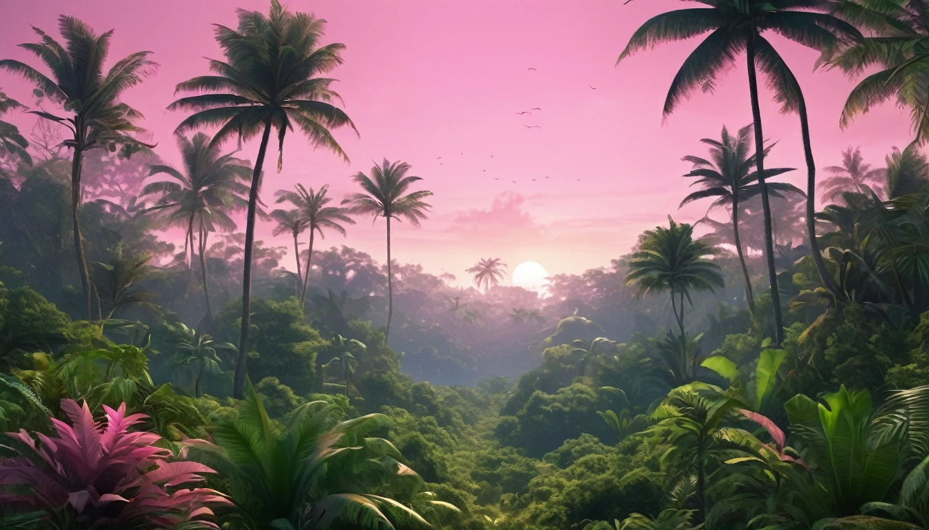 Tropical forest in the early morning, tropical island, realistic, pink sky
