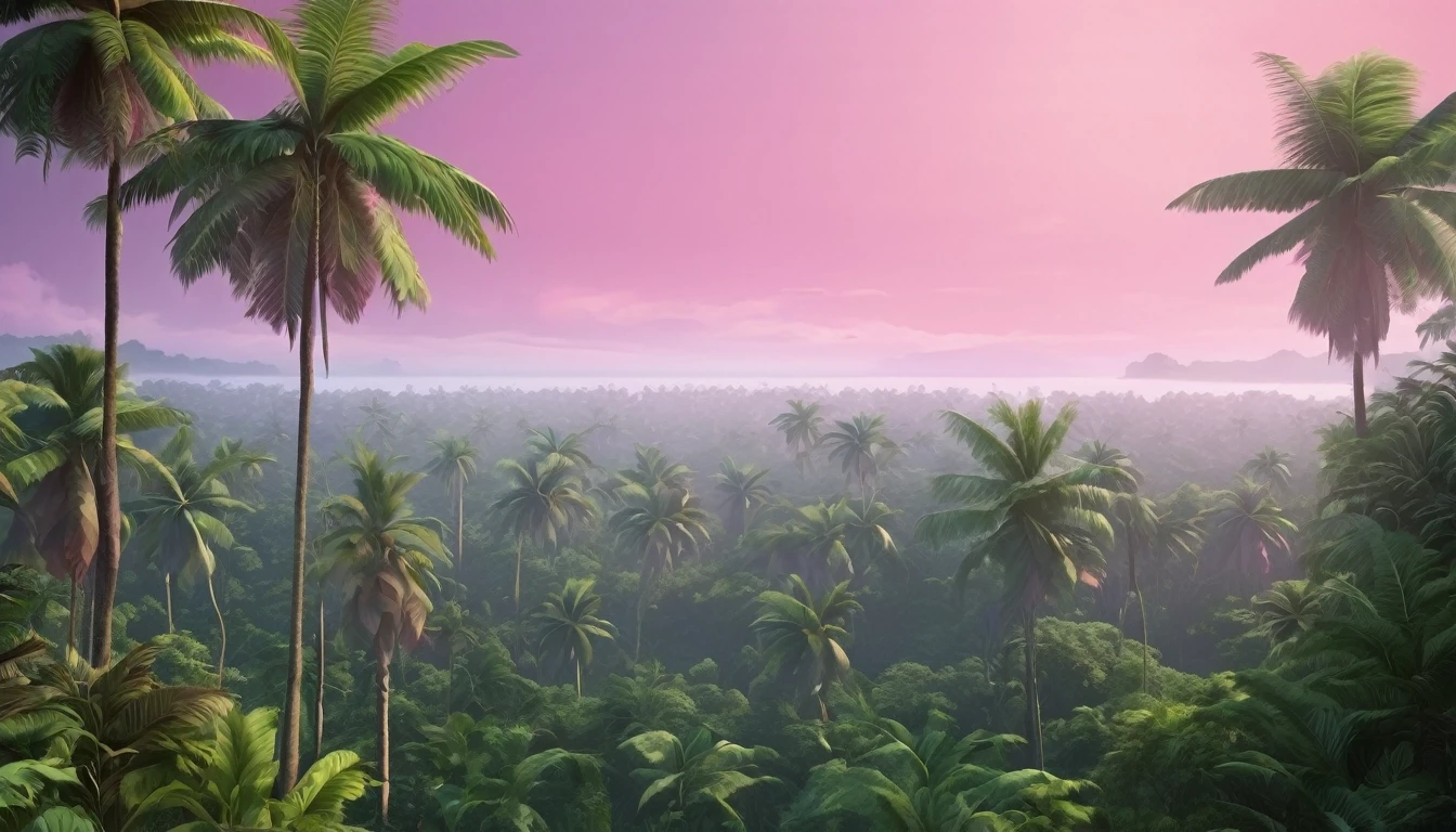 Tropical forest in the early morning, tropical island, realistic, pink sky