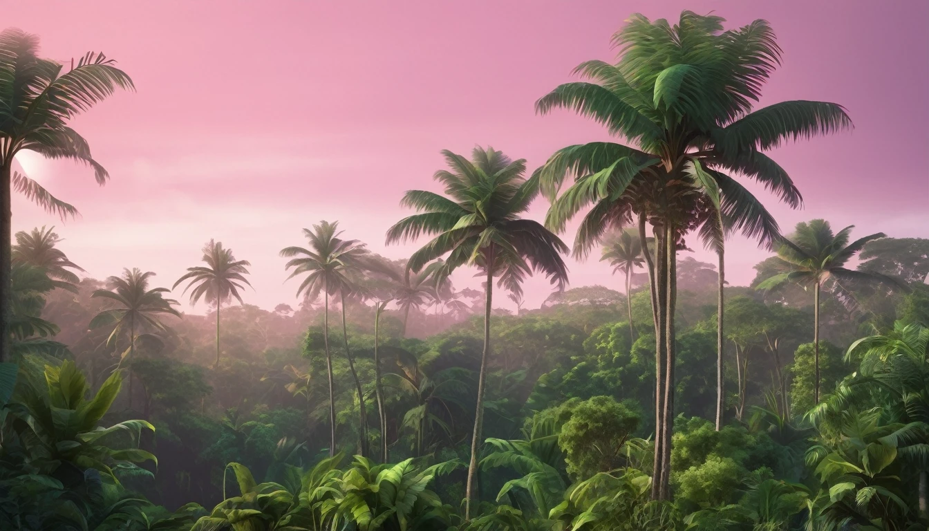 Tropical forest in the early morning, tropical island, realistic, pink sky