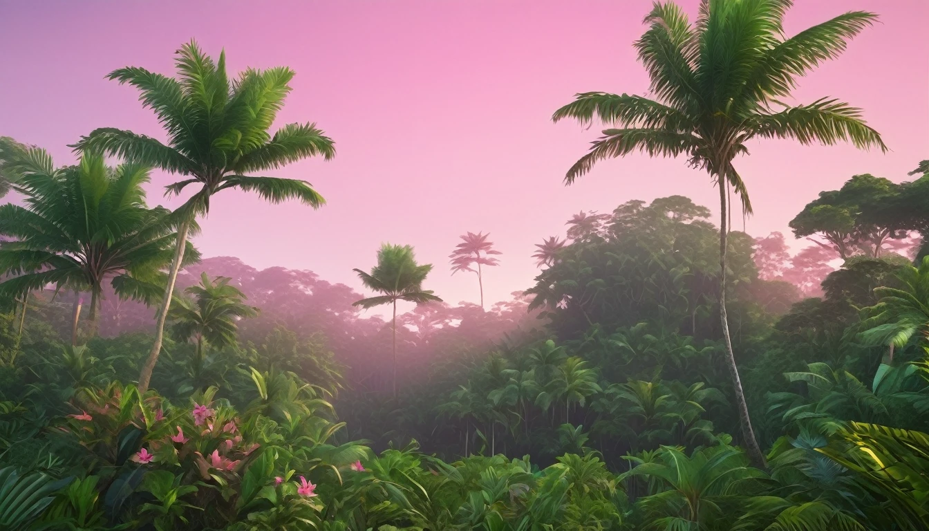 Tropical forest in the early morning, tropical island, realistic, pink sky