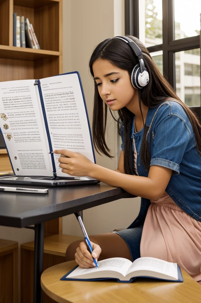 Chica estudiando , escucha un ruido raro . Estilo anime 