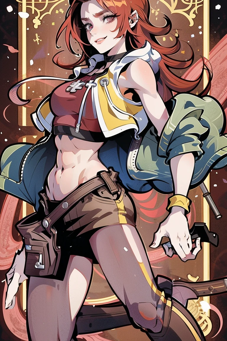 redhaired girl as a superheroine, straight redhaired, bangs, skirt,  super powerful, pink eyes, midriff, riding boots, white socks, toned arms, toned abs, tall and sexy, powerful, superb face, perfect body, tall, happy, smug, large chest, choker collar, 20yo, toned abs, evil smirk, 20yo