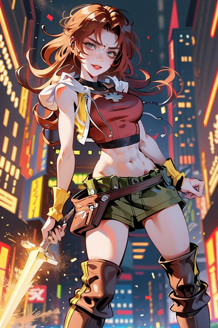 redhaired girl as a superheroine, straight redhaired, bangs, skirt,  super powerful, pink eyes, midriff, riding boots, white socks, toned arms, toned abs, tall and sexy, powerful, superb face, perfect body, tall, happy, smug, large chest, choker collar, 20yo, toned abs, evil smirk, 20yo