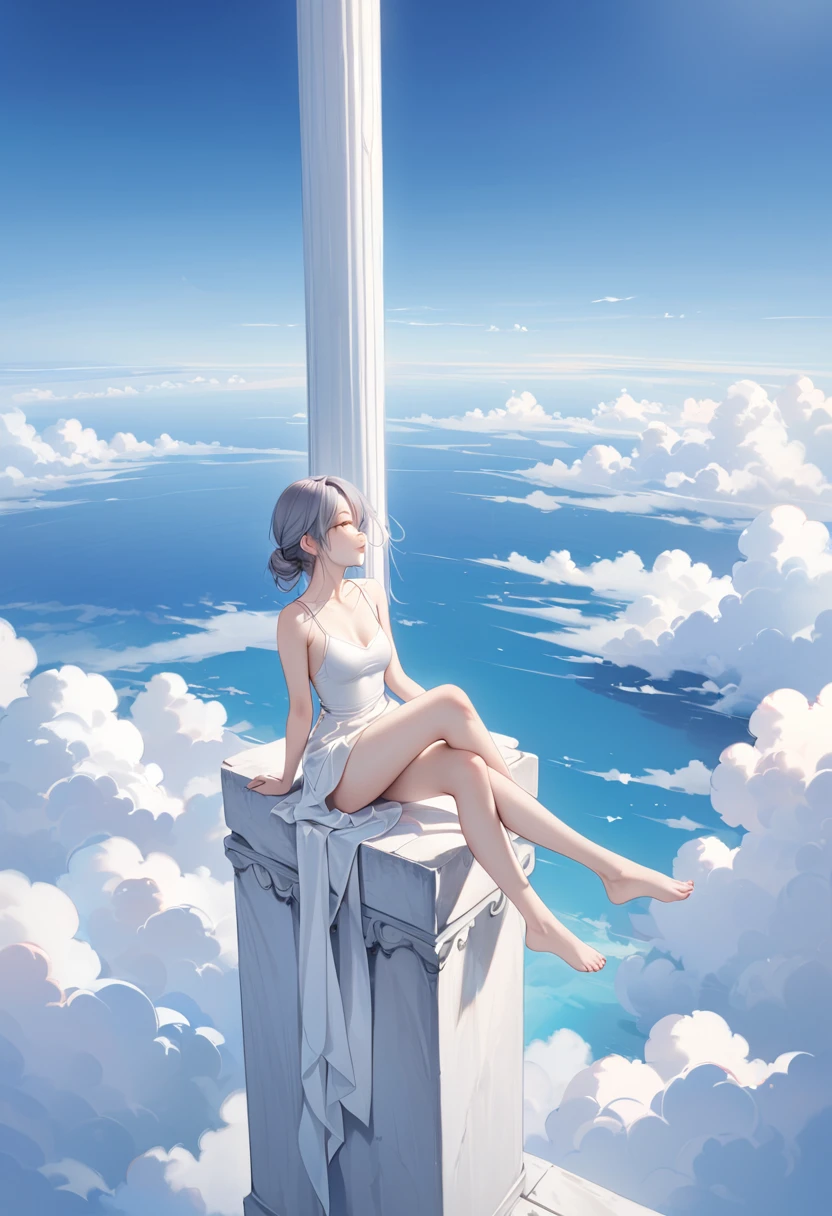 One Girl、Highest quality、masterpiece、Perfect Anatomy、Girl sitting on a pillar、A thin pillar stretching high into the sky、Mysterious cylindrical pillar、Height 3000ｍ、sea of clouds、blue sky、Sitting cross-legged、Hair blowing in the wind、Gray Hair、Girl staring into the distance、White clothes、barefoot、Shooting from the sky、Clouds spreading below、Full body angle、sea of clouds
