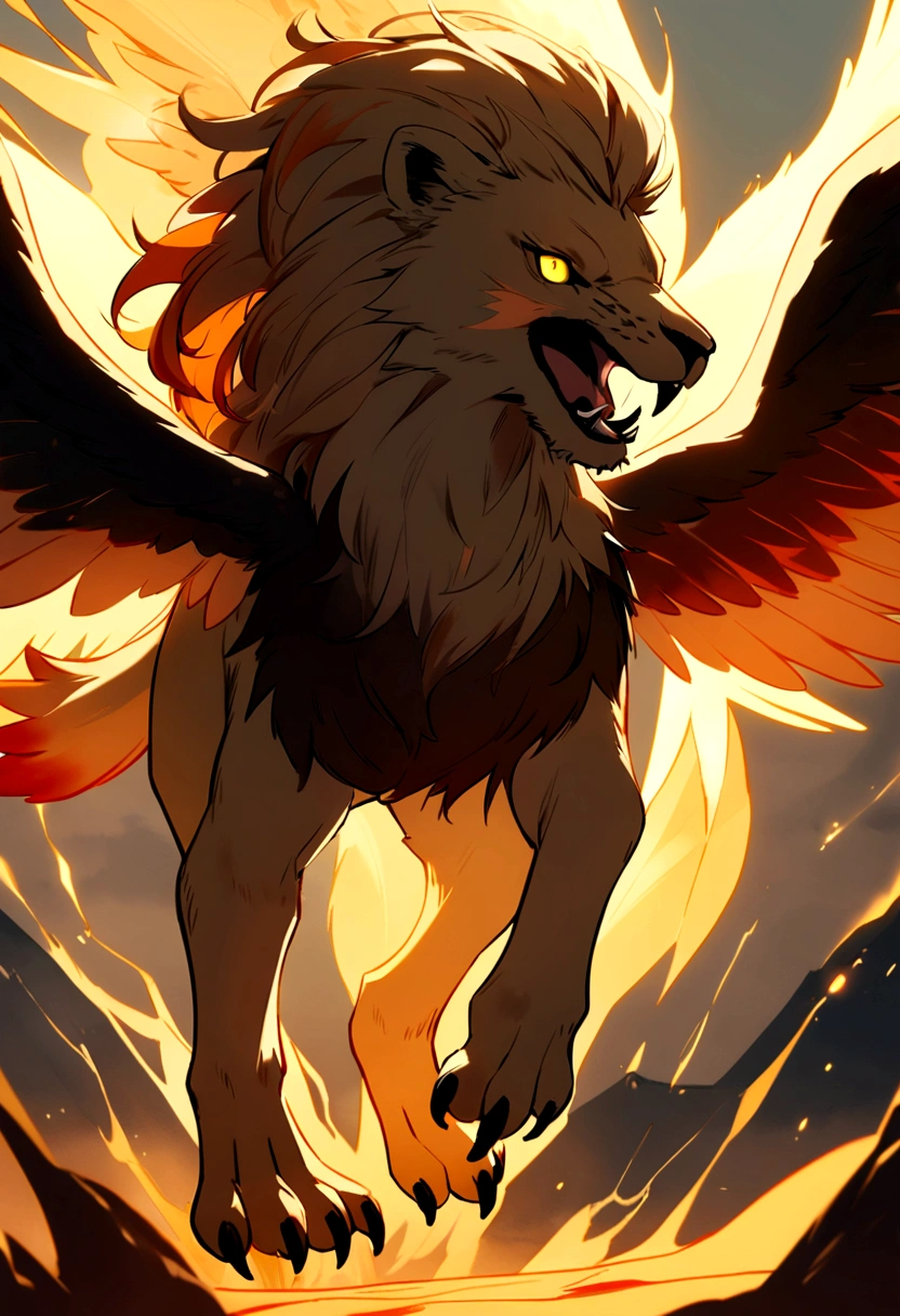 a lion that like salamander and eagle , wings , 4 legs , ears , hair , yellow tourqoise pink aura , yellow red eyes , orange scale , not a human