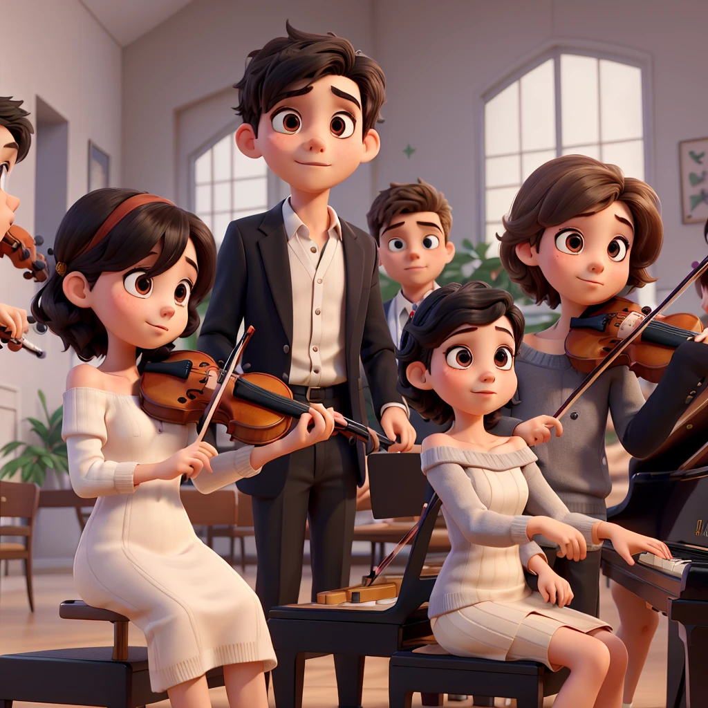 ((best quality)), ((masterpiece)), (detailed), 1girl, off-shoulder sweater,(young couple),((girl play the piano and the boy play the violin)),((Christian congregation in Brazil)),(boy in suit),(girl in veil and dress),(boy with short black hair),(girl with long, slightly wavy hair),(playing together next to each other)