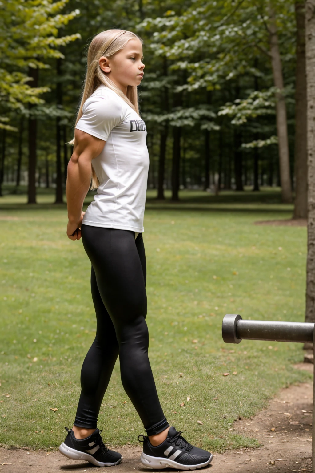 extreme muscular *********** children bodybuilder girl, long blonde hair, in a park, leggings, cotton tshirt