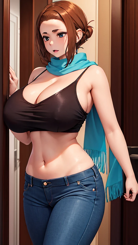 A sexy girl with a big breast, short brown hair, short circular hair, her black eye, wears a light blue top, shows a navel, a ribbon, a curved black scarf, and tight black pants with a big thigh.