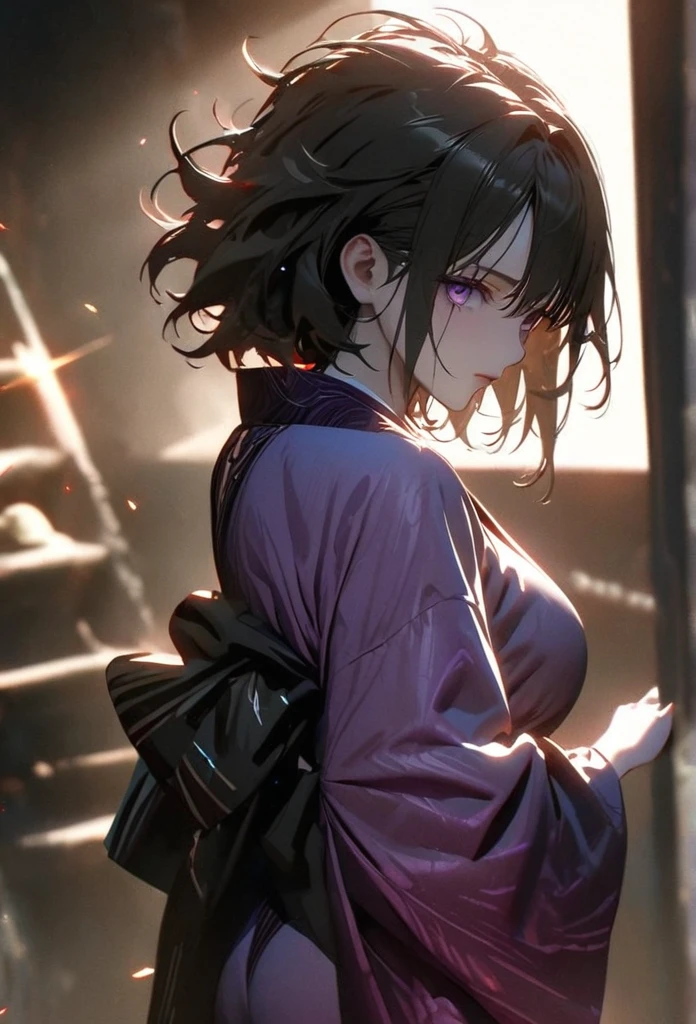 (solo), pitch black hair, messy hair, mane hair, short hair, dense hair, wild hair, expressive hai,(25 year old), pale skin, ((Female)), purple eyes, beautiful girl, wearing a black and purple kimono, beautiful, attractive, huge breast, big ass, Yin, eye reflection, depth of field, thunder aura, cinematic lighting, ray tracing, depth of field, cinematic lighting, ray tracing, UHD, high details, best quality, highres, high quality, award winning, super detail, masterpiece, 8k, UHD, high details, best quality, highres, high quality, award winning, super detail, masterpiece, 8k, digital art, anime coloring, body shot, full body, back shot, good face, perfect face, detailed face, good eyes. The background is space. A blackhole in the background.