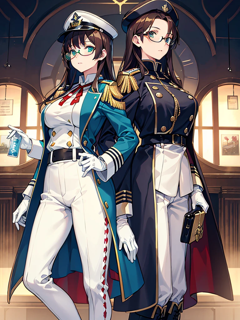 masterpiece, best quality, beautiful girl, brown hair whit white inner color, emerald green eyes, blue military uniform, mature_female, eye_glasses, white gloves, anime, blue military hat, very_long_hair, perfect body, red ribbon, commander, science_fiction, black knee-high boots, white pants , cowboy_shot, best quality, large_breasts, ultra-detailed, high quality, two-tone uniform, sci-fi, royal blue Trench Coat, fantasy world