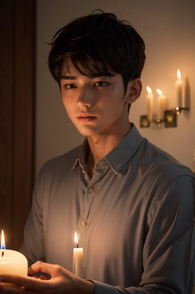 A short haired 21y old handsome boy having a faint candle light illuminating his face