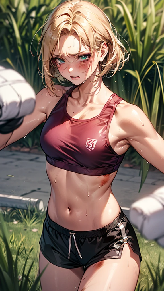 Tsunade from naruto, ((nsfw,1man and 1woman,having rape,raping)),(During a martial arts match、simple boxing ring)、((perfect anatomy,realistic,:1.3,RAW Photography:1.3,masterpiece、highest quality、Ultra - High resolution、High resolution、Highly detailed CG、8K)),cowboy shot,1 female,solo,20 year old beauty、female martial arts athlete、beautiful detailed face and eyes,big and gorgeous eyes),dark blue eyes,(blonde hair,short bob hair,bangs),(large breasts,slender body,small head:1.4, toned body, gleaming skin,oily skin,shiny skin),((injury,sweat,Bruises from being beaten a lot:1.5)),(grass green sports bra、grass green sports shorts、yellow open finger gloves)、simple martial arts ring、dim lighting、underground、Audience in the background、